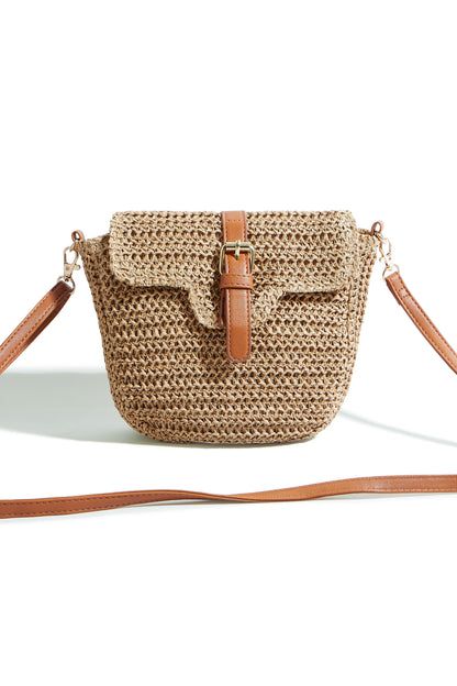 Woven Raffia Crossbody Bag with Faux Leather Trim