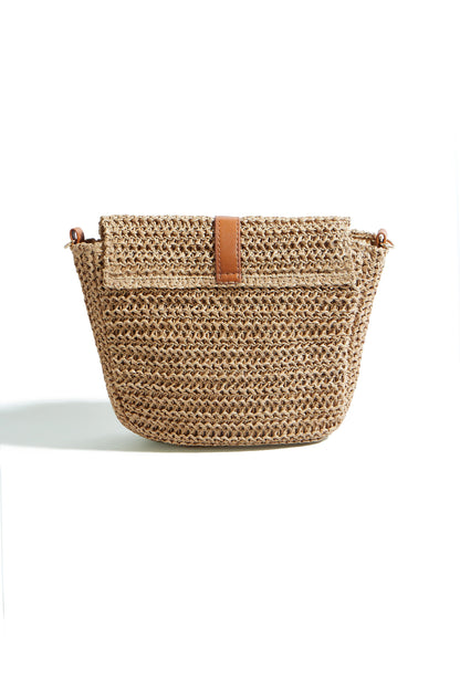 Woven Raffia Crossbody Bag with Faux Leather Trim