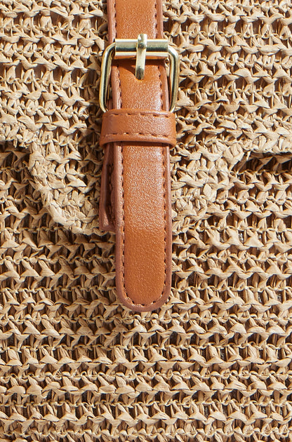 Woven Raffia Crossbody Bag with Faux Leather Trim