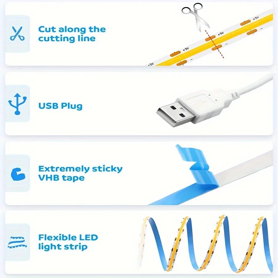 COB LED Strip Touch Dimmer - 5V USB Flexible Light Tape