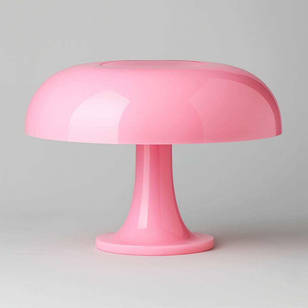 Pink mushroom shaped table lamp on a gray background