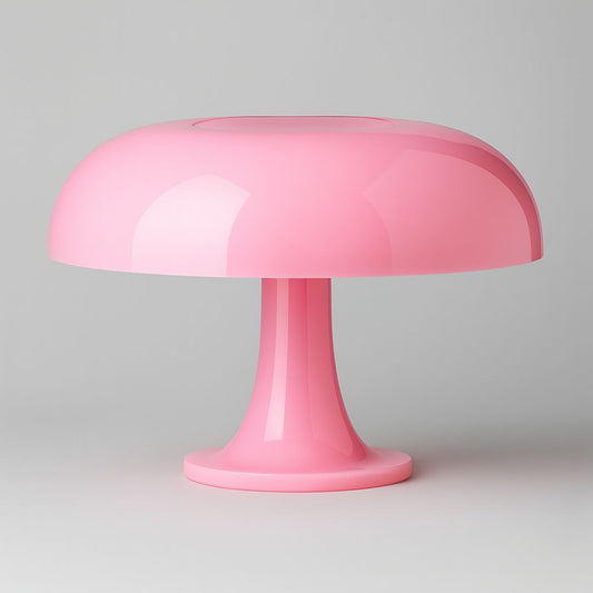 Pink mushroom shaped table lamp on a gray background