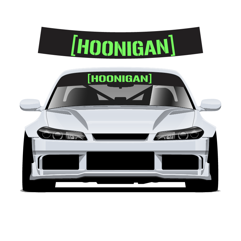White car with 'Hoonigan' decals on the windshield and roof against a white background