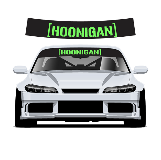 White car with 'Hoonigan' decals on the windshield and roof against a white background