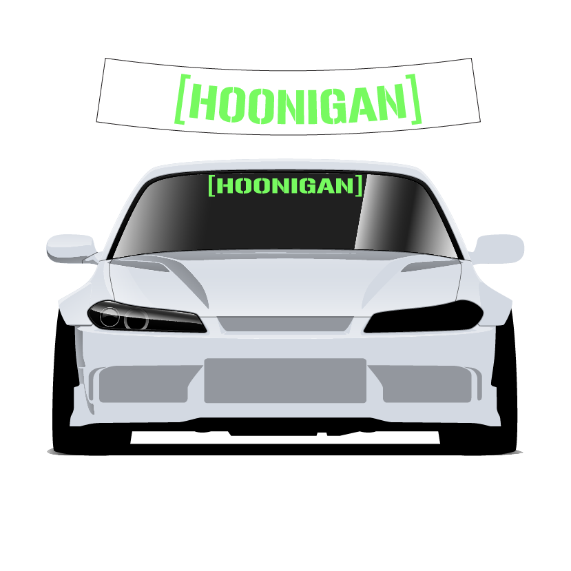 Car with 'Hoonigan' decal on windshield and hood