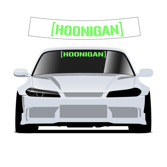 Car with 'Hoonigan' decal on windshield and hood