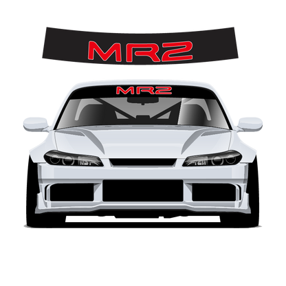 Car with 'MR2' decal on windshield and hood on a white background