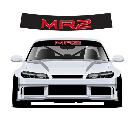 Car with 'MR2' decal on windshield and hood on a white background
