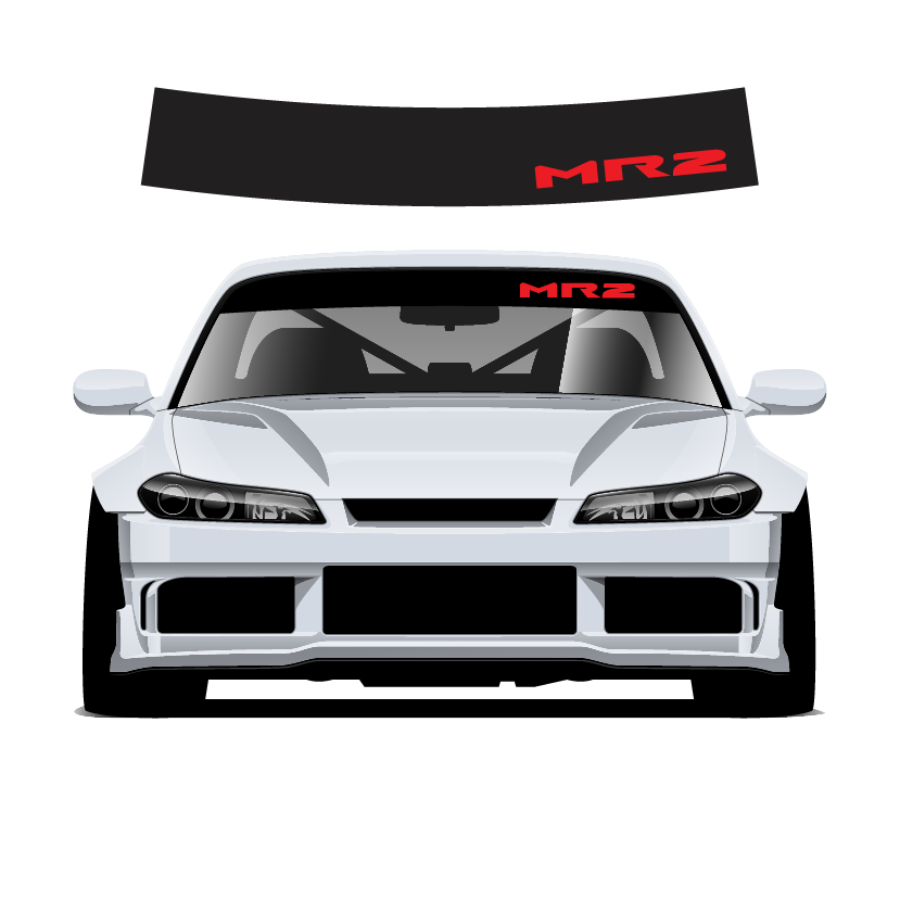 Car with 'MR2' decal on windshield and hood on a white background