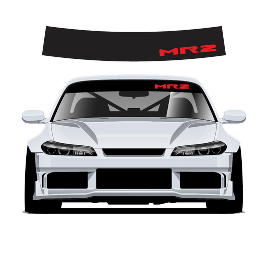 Car with 'MR2' decal on windshield and hood on a white background