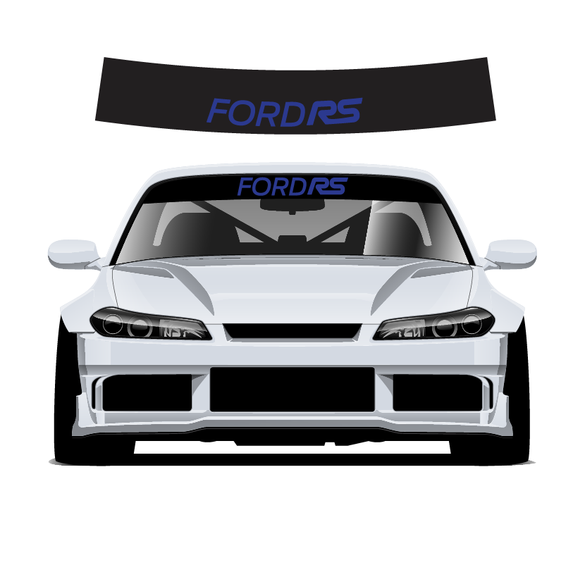 Car with 'FORD RS' decal on windshield and rear window against a white background