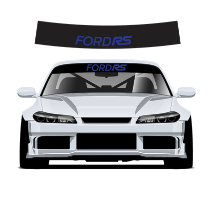 Car with 'FORD RS' decal on windshield and rear window against a white background