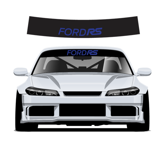 Car with 'FORD RS' decal on windshield and rear window against a white background