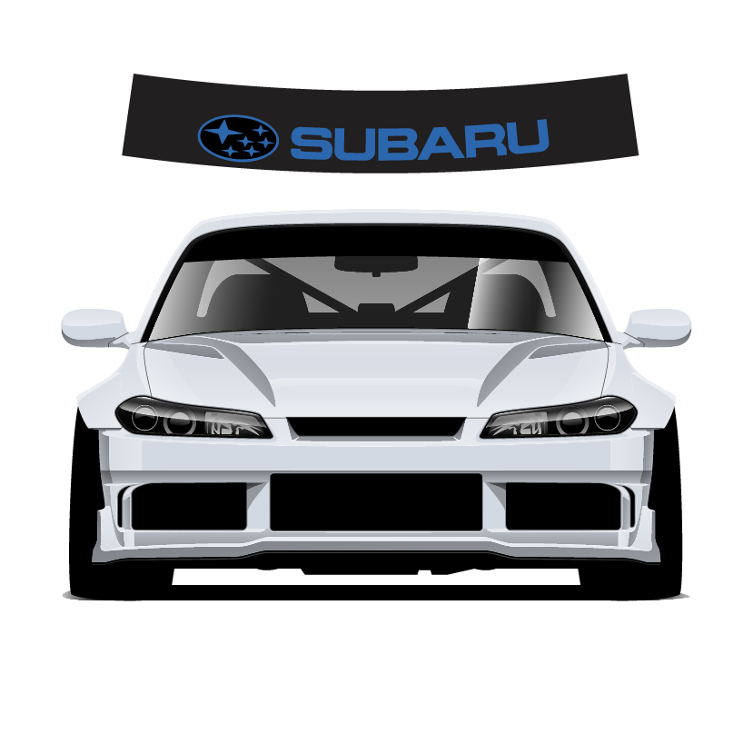 White car with a Subaru logo decal on a white background