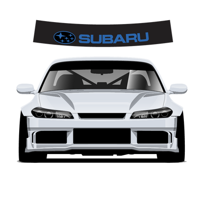 White car with a Subaru logo decal on a white background