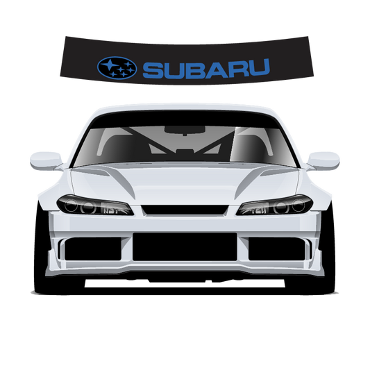 White car with a Subaru logo decal on a white background