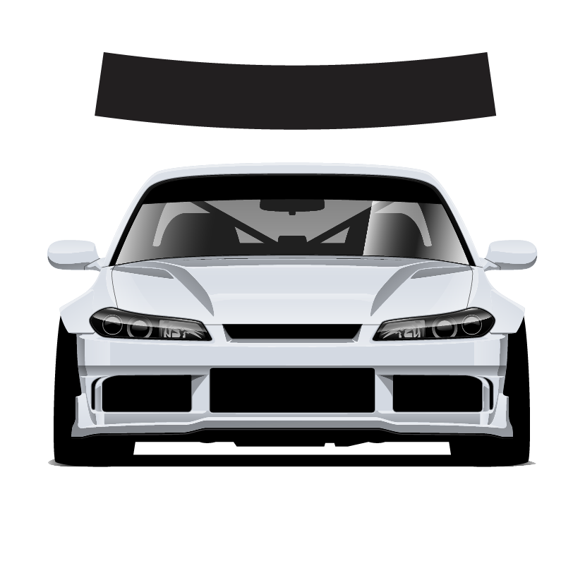 Front view of a white car with a black roof decal on a white background