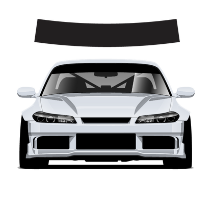 Front view of a white car with a black roof decal on a white background