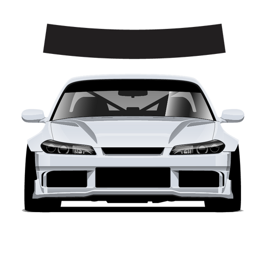 Front view of a white car with a black roof decal on a white background
