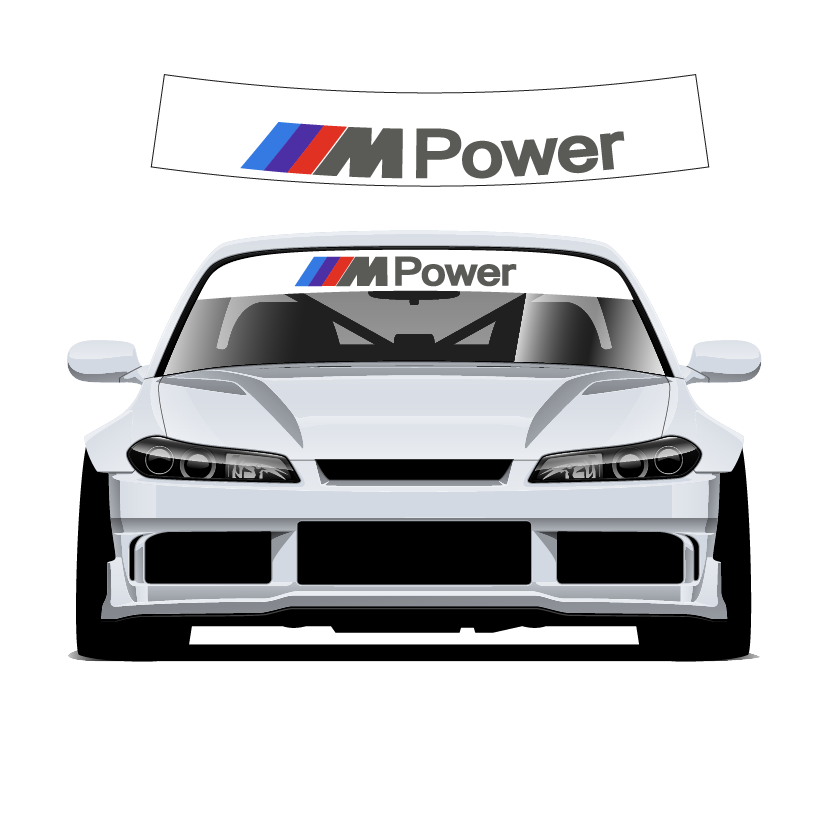 Car with M Power decal on a white background