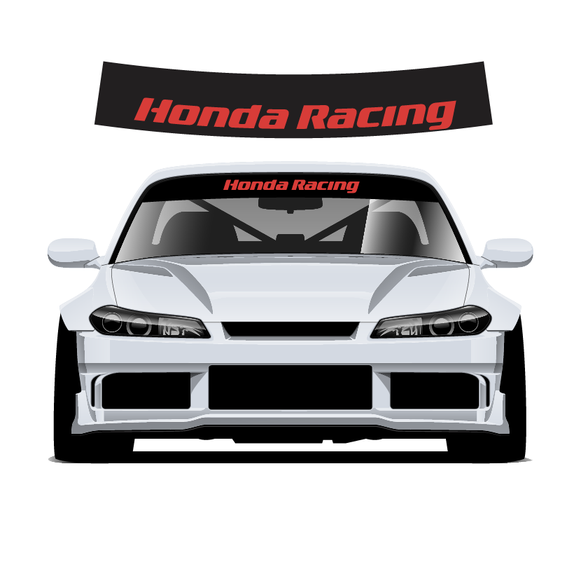 Honda Racing decal on a car windshield and hood