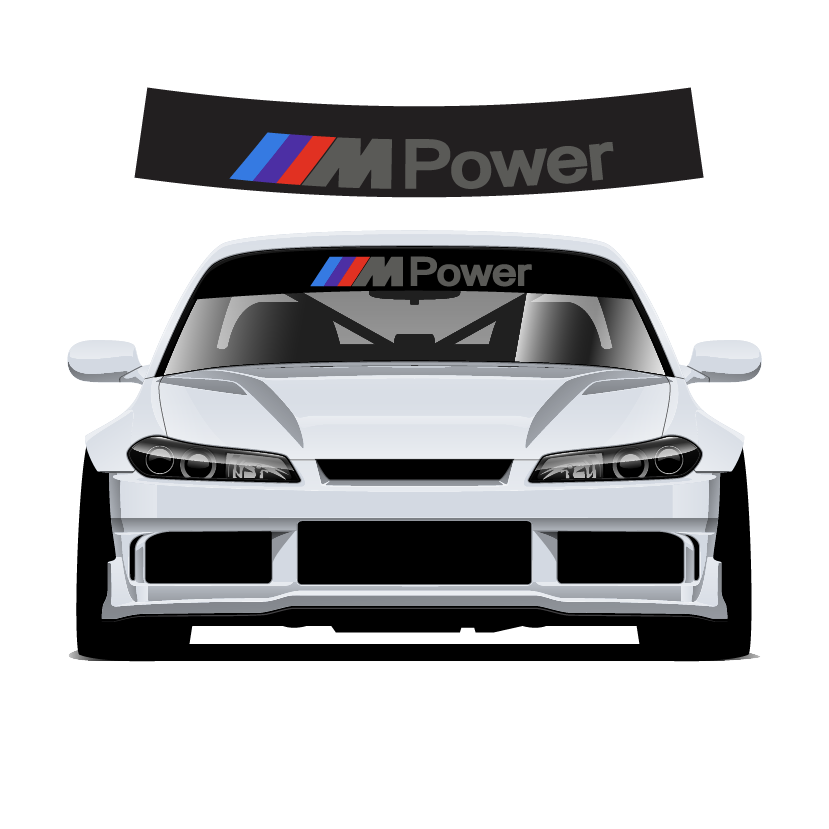 Car with M Power decal on the windshield and rear window against a white background