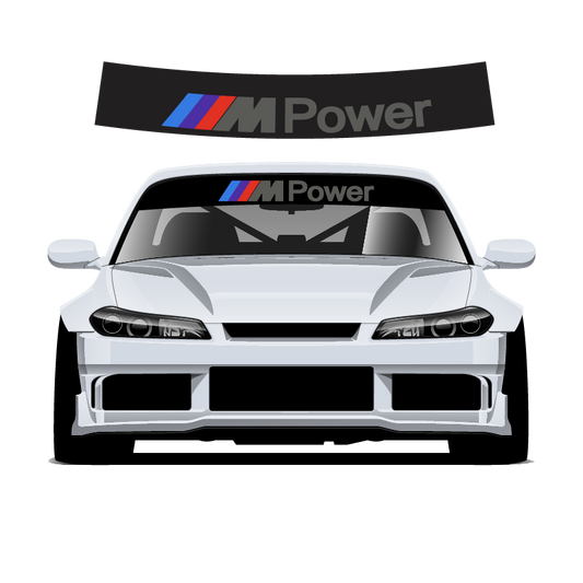 Car with M Power decal on the windshield and rear window against a white background