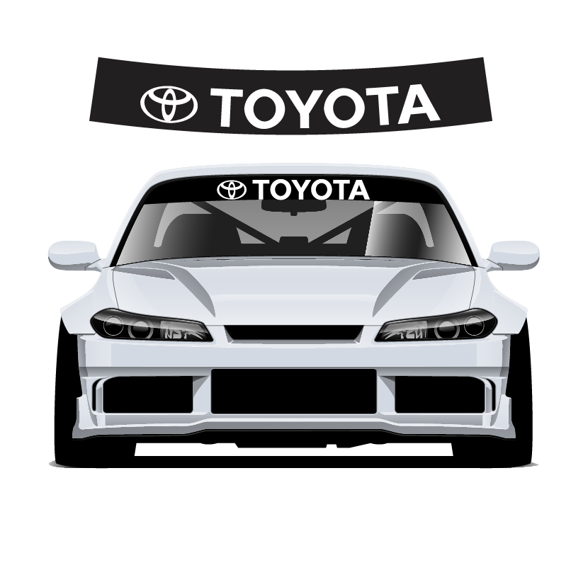 Toyota car with windshield and rear window decals on a white background