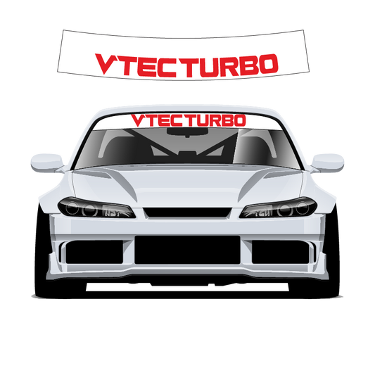 Car with 'VTEC TURBO' decal on windshield and hood on a white background