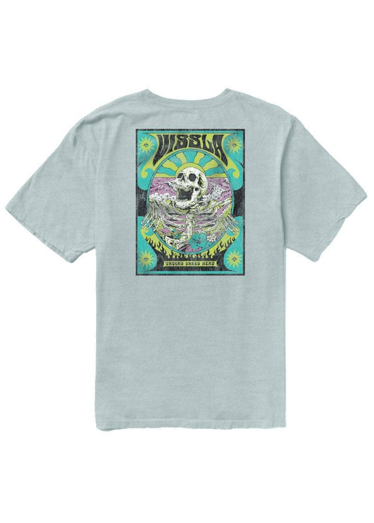 Light blue t-shirt with a colorful graphic design on the back featuring a skeleton and text.