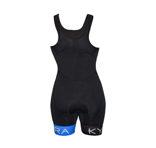 Black cycling suit with blue waistband on a white background