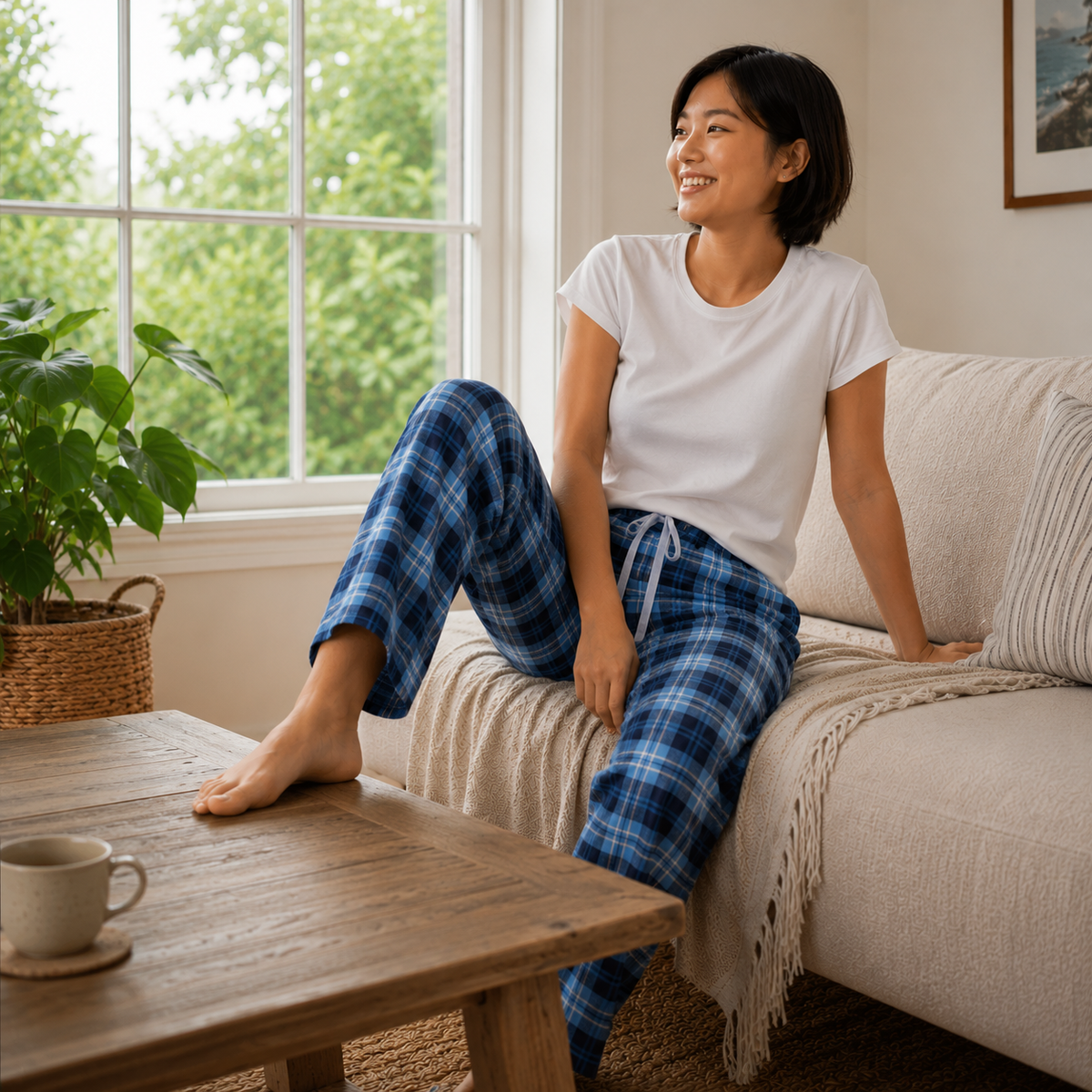 A woman sits barefoot on the edge of a light beige sofa in a bright living room, wearing a white short-sleeve T-shirt and blue plaid pajama pants. A wooden coffee table with a mug is in the foreground, and a window with green foliage outside is behind her.