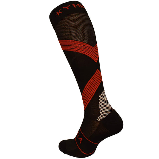 Black and red sock with checkered pattern on a white background