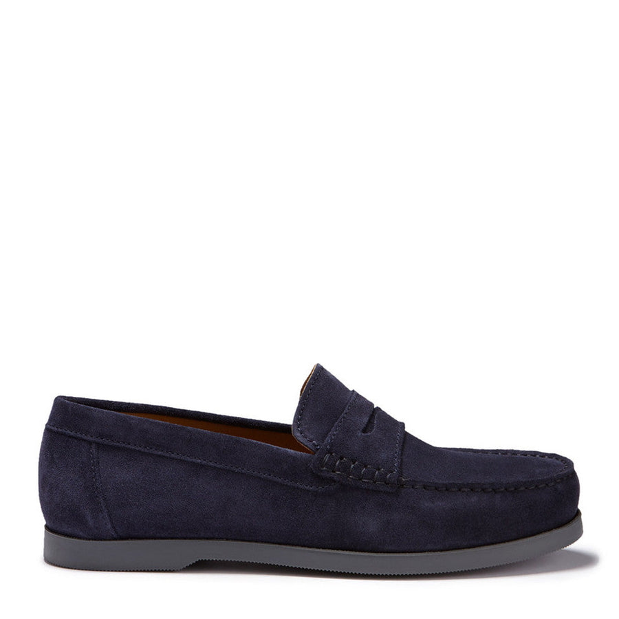 Hugs & Co. Navy Blue Italian Suede Boat Loafers with Rubber Sole for Men
