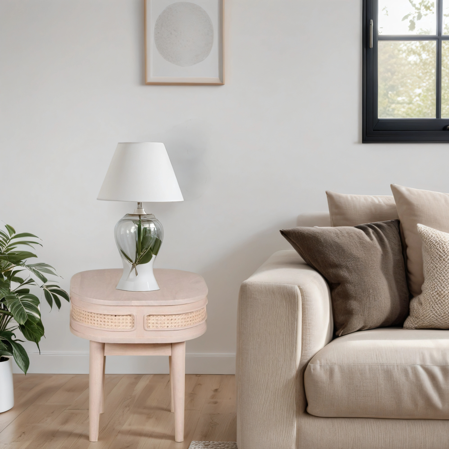 Living room with beige sofa, side table, and lamp