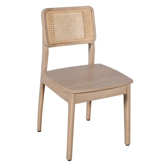 Beige chair with woven backrest on a white background