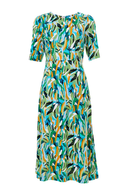 Corrine Brushstroke Print Short Sleeve Midi Dress - Green