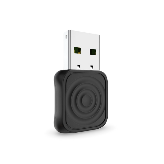 Black USB device with a circular design on a white background
