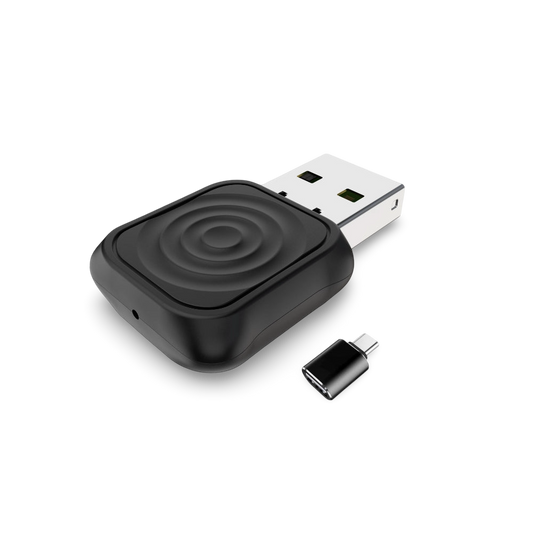 Black USB adapter with a smaller matching device on a white background