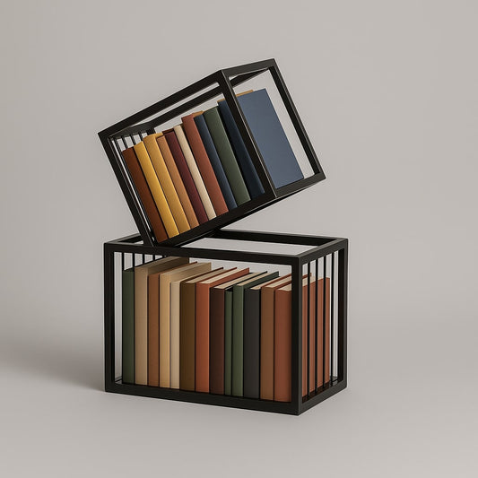 Black metal box with open lid displaying a variety of colored books on a neutral background