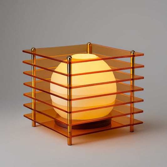 Lamp with a spherical bulb enclosed in a transparent orange cage on a gray background