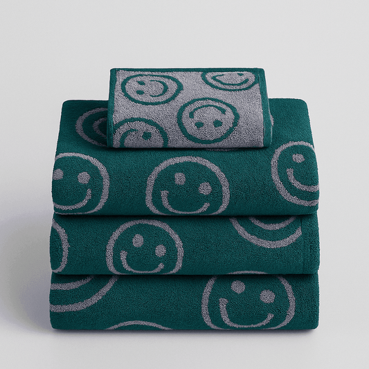Stack of green towels with smiley face patterns on a light gray background