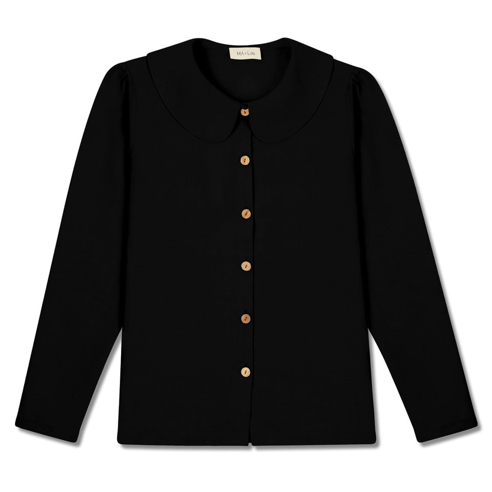 Má + Lin Claudine Long Sleeve Linen Blouse in Black