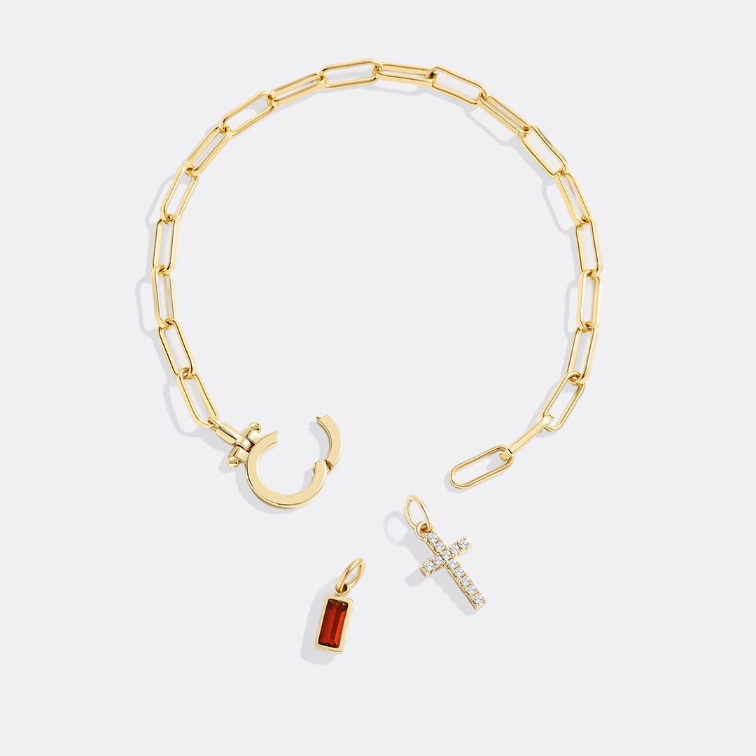 Savaé Design Cross Charm Birthstone Paperclip Bracelet
