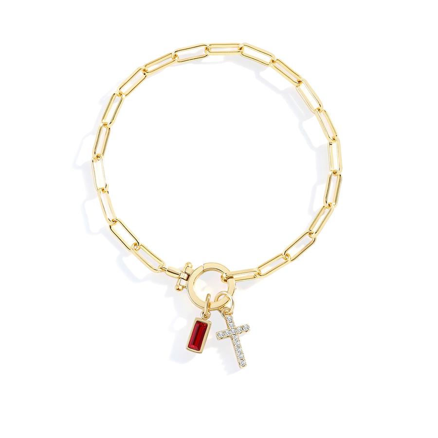 Savaé Design Cross Charm Birthstone Paperclip Bracelet
