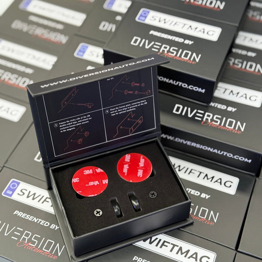 Red circular devices in a black box with 'Diversion' branding on packaging