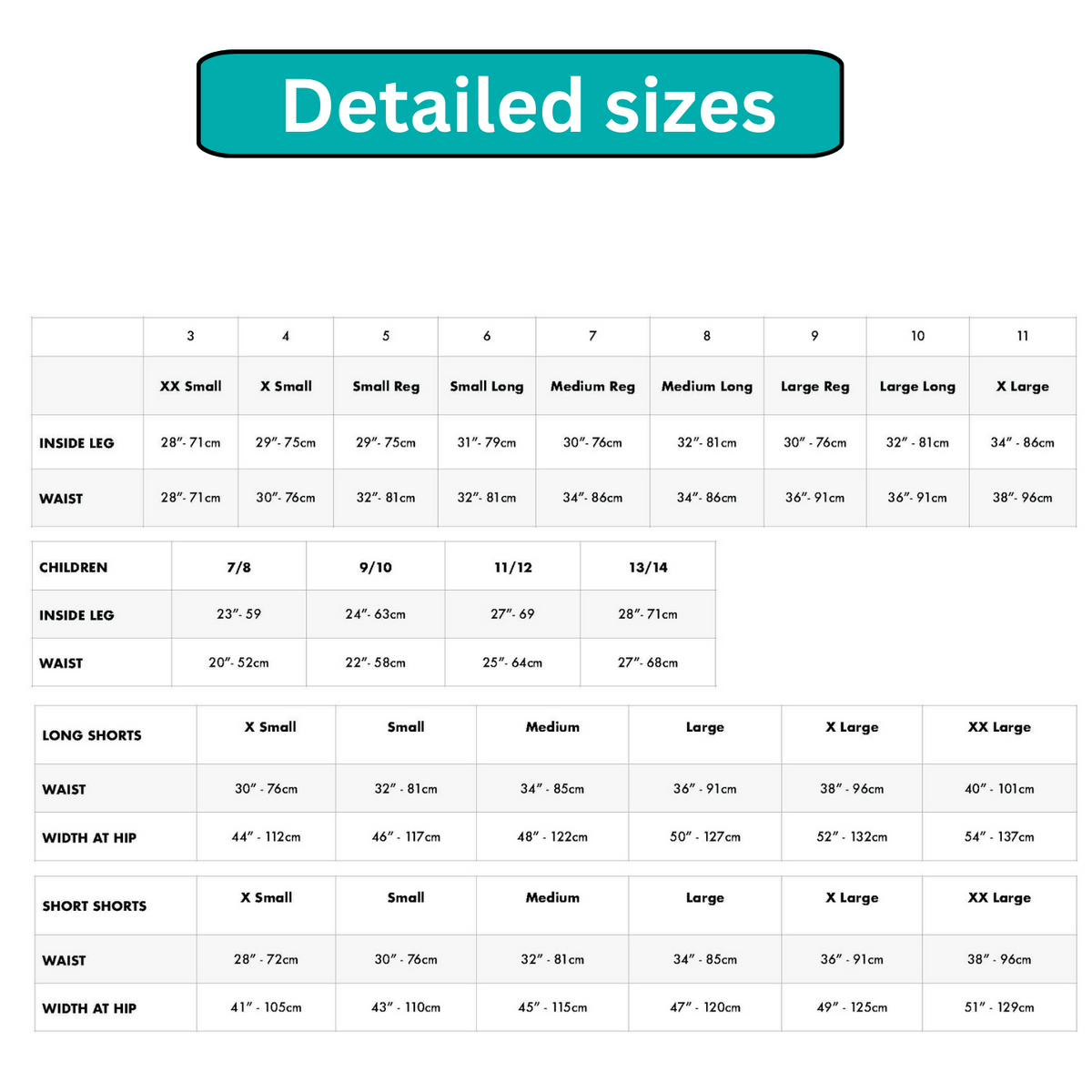 Size chart for pants, shorts, and children's clothing with measurements in centimeters.
