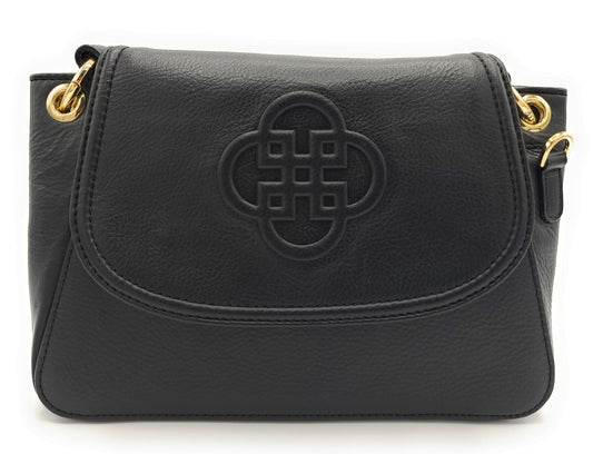 Black handbag with a gold clasp on a white background