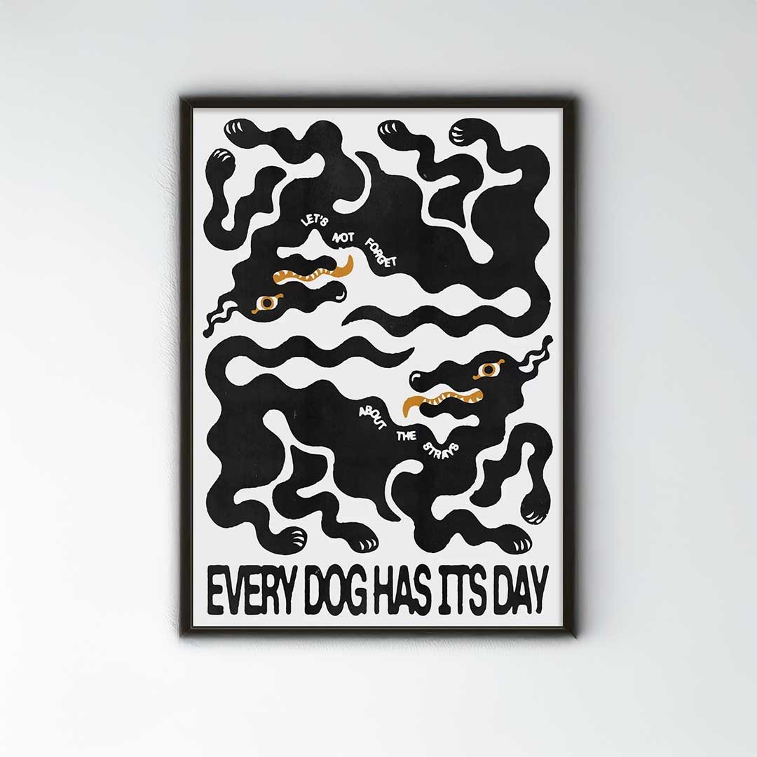 Framed artwork with black and white abstract design and text on a light gray background