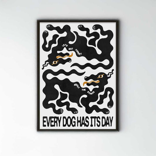 Framed artwork with black and white abstract design and text on a light gray background